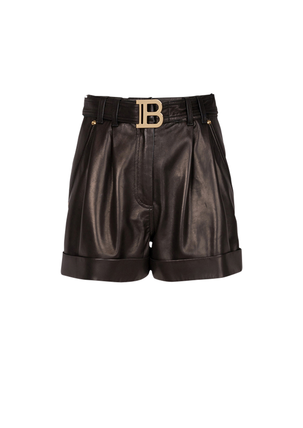 High-waisted leather shorts with Balmain buckle, black, hi-res